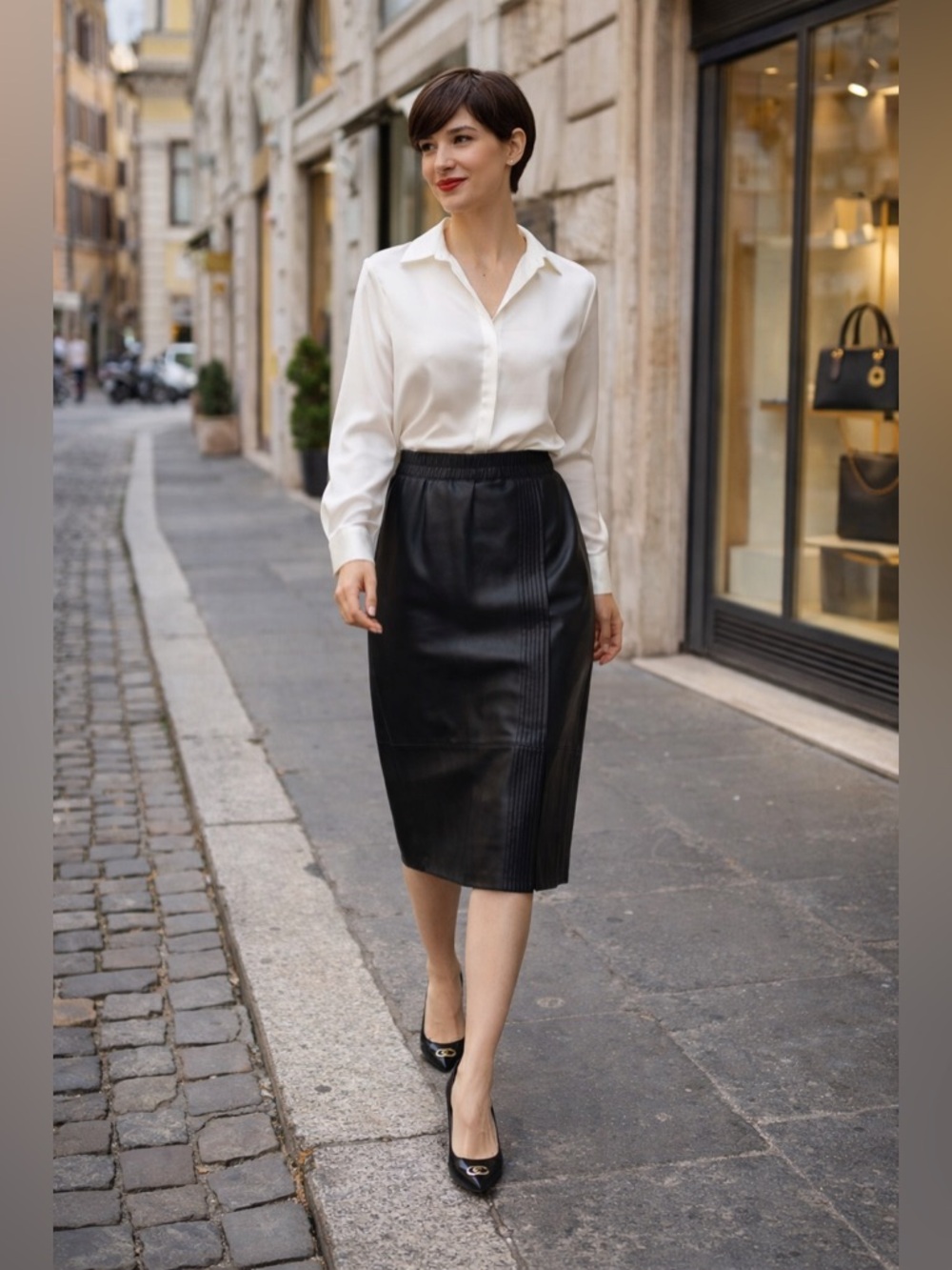 EST 1946 Black Faux Leather Midi Pencil Skirt XS Pull On Stretch Slit Chic Posh